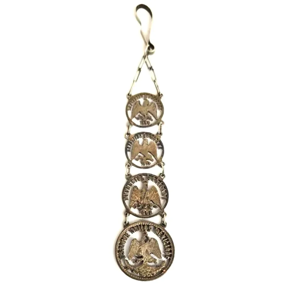 Antique Mexican Republic silver coins watch fob pendant handcrafted 19th century